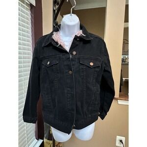 SHACI WOMENS BLACK DENIM JACKET WITH PINK FAUX FUR SIZE SMALL